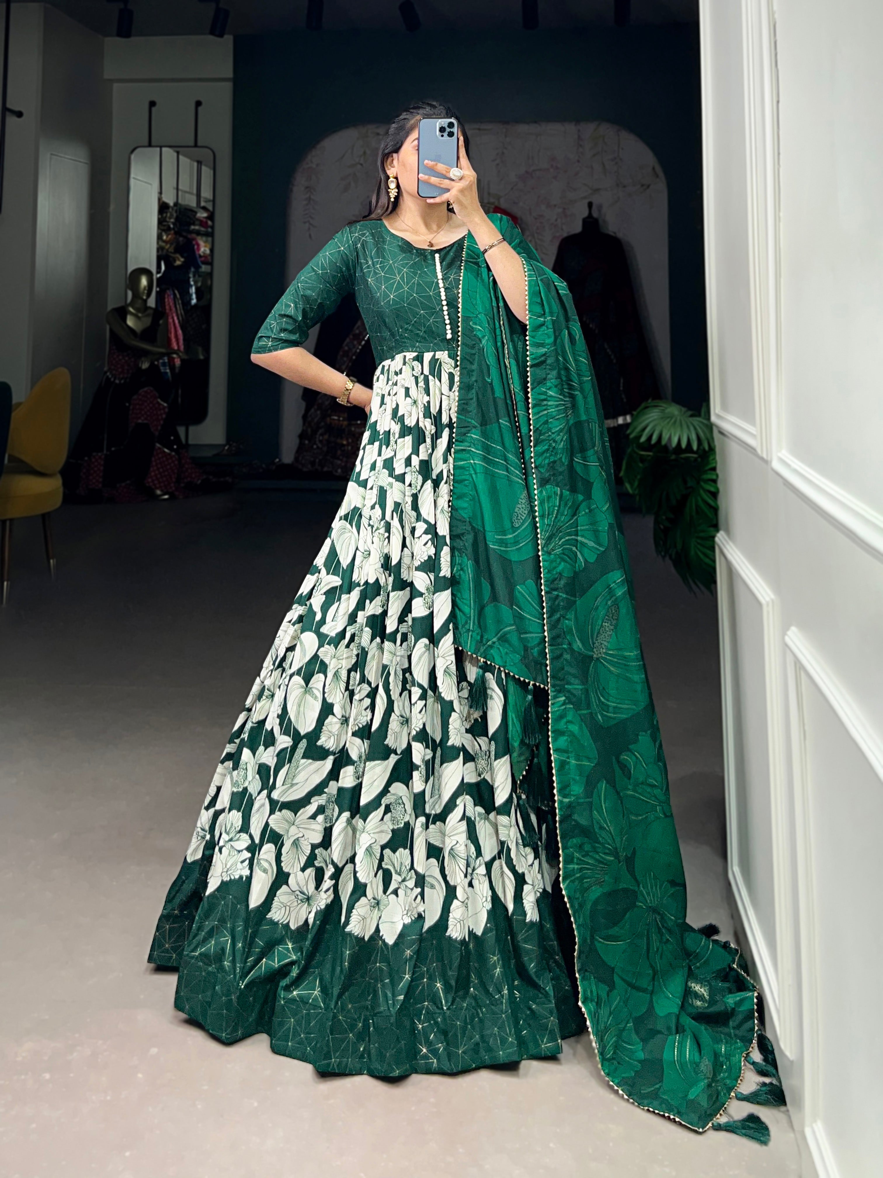 Lorenvalley Green Tussar Silk Floral Print With Foil Print Gown with Dupatta