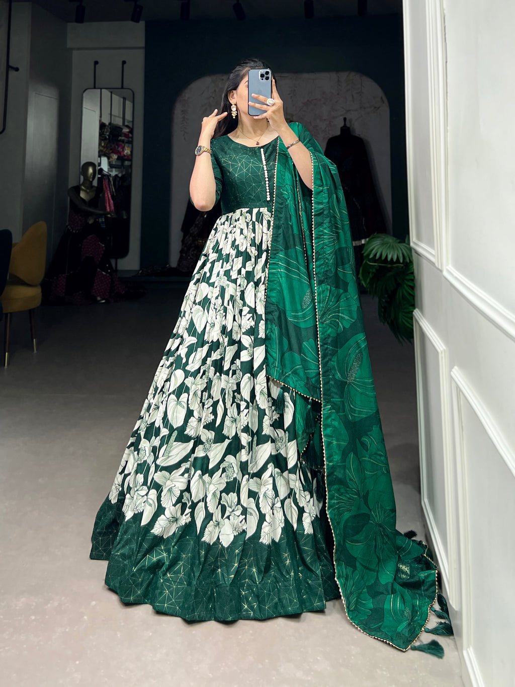Lorenvalley Green Tussar Silk Floral Print With Foil Print Gown with Dupatta