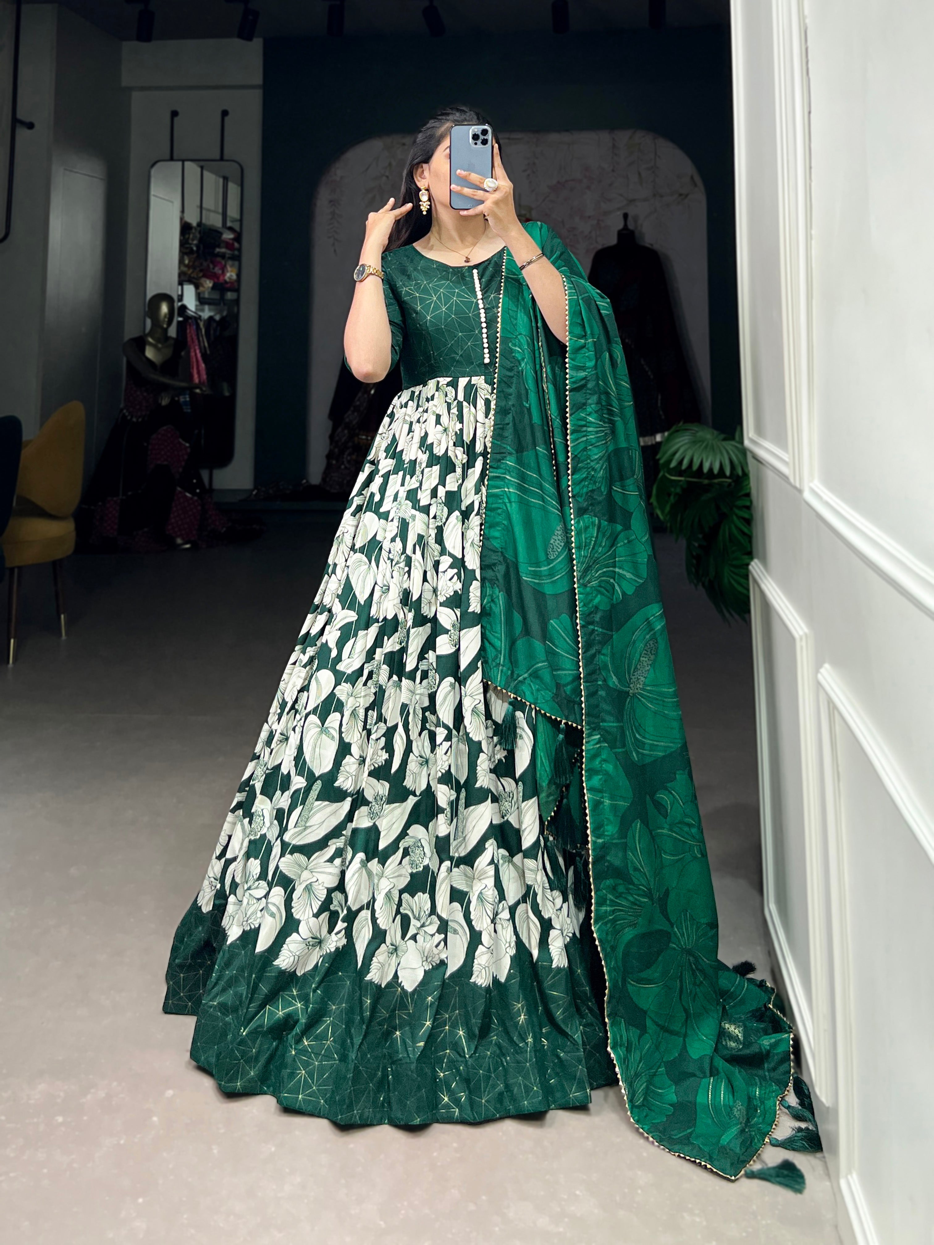 Lorenvalley Green Tussar Silk Floral Print With Foil Print Gown with Dupatta