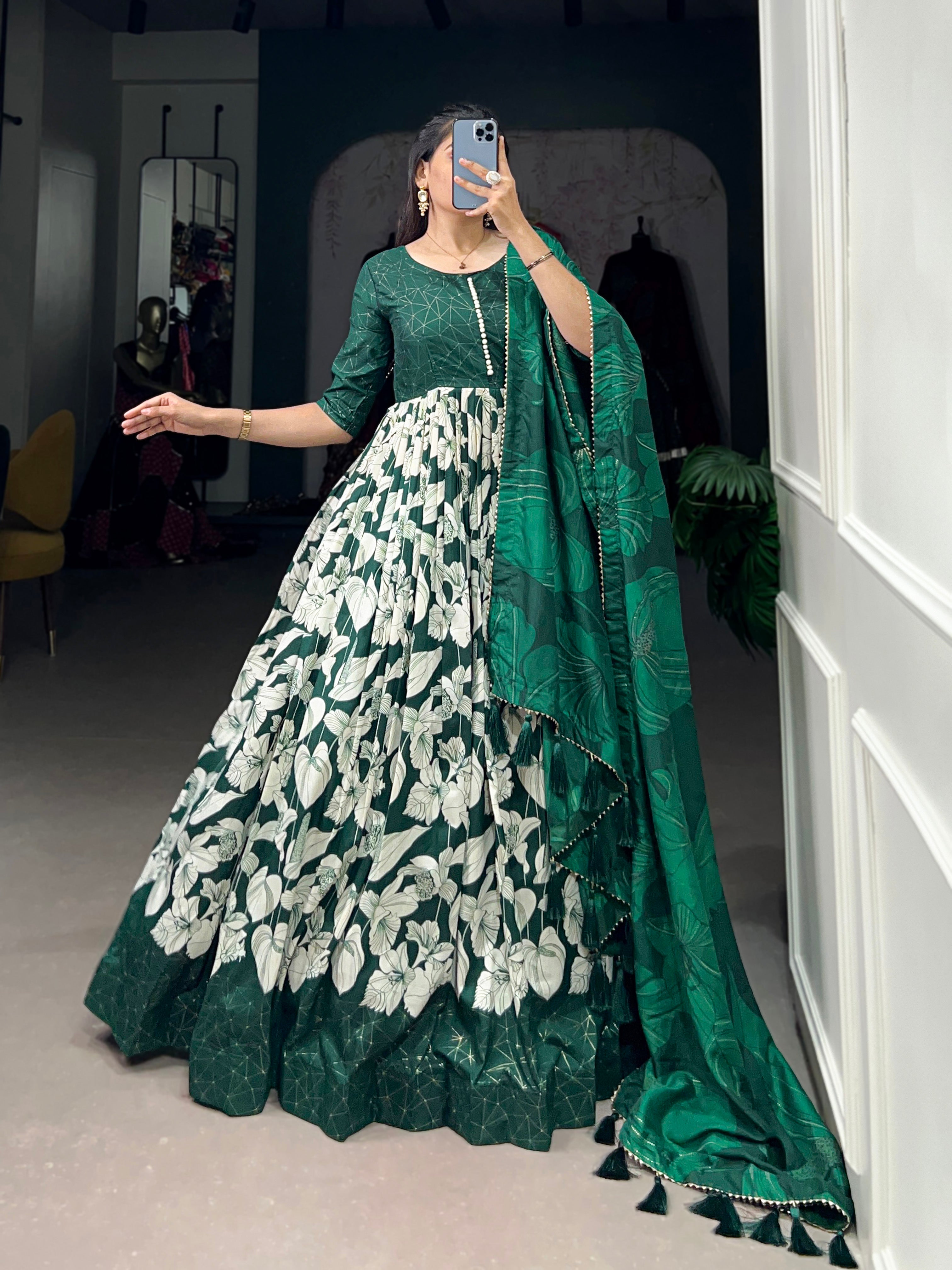 Lorenvalley Green Tussar Silk Floral Print With Foil Print Gown with Dupatta
