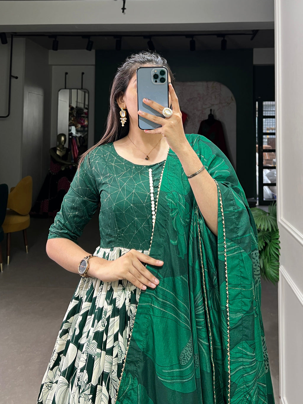 Lorenvalley Green Tussar Silk Floral Print With Foil Print Gown with Dupatta