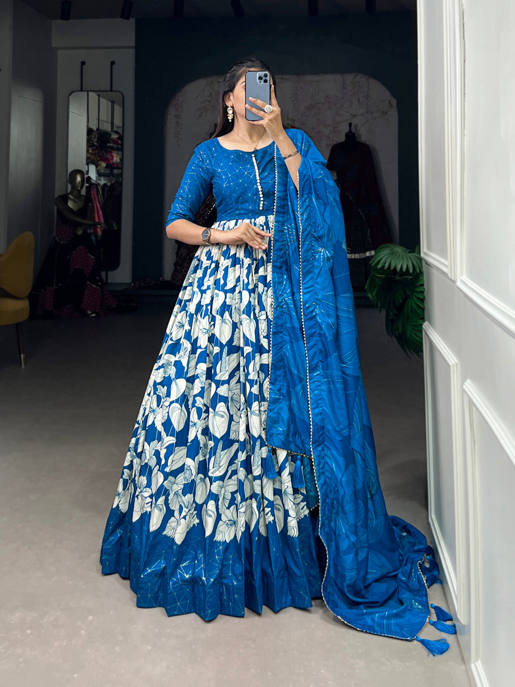 Lorenvalley Blue Tussar Silk Floral Print With Foil Print Gown with Dupatta