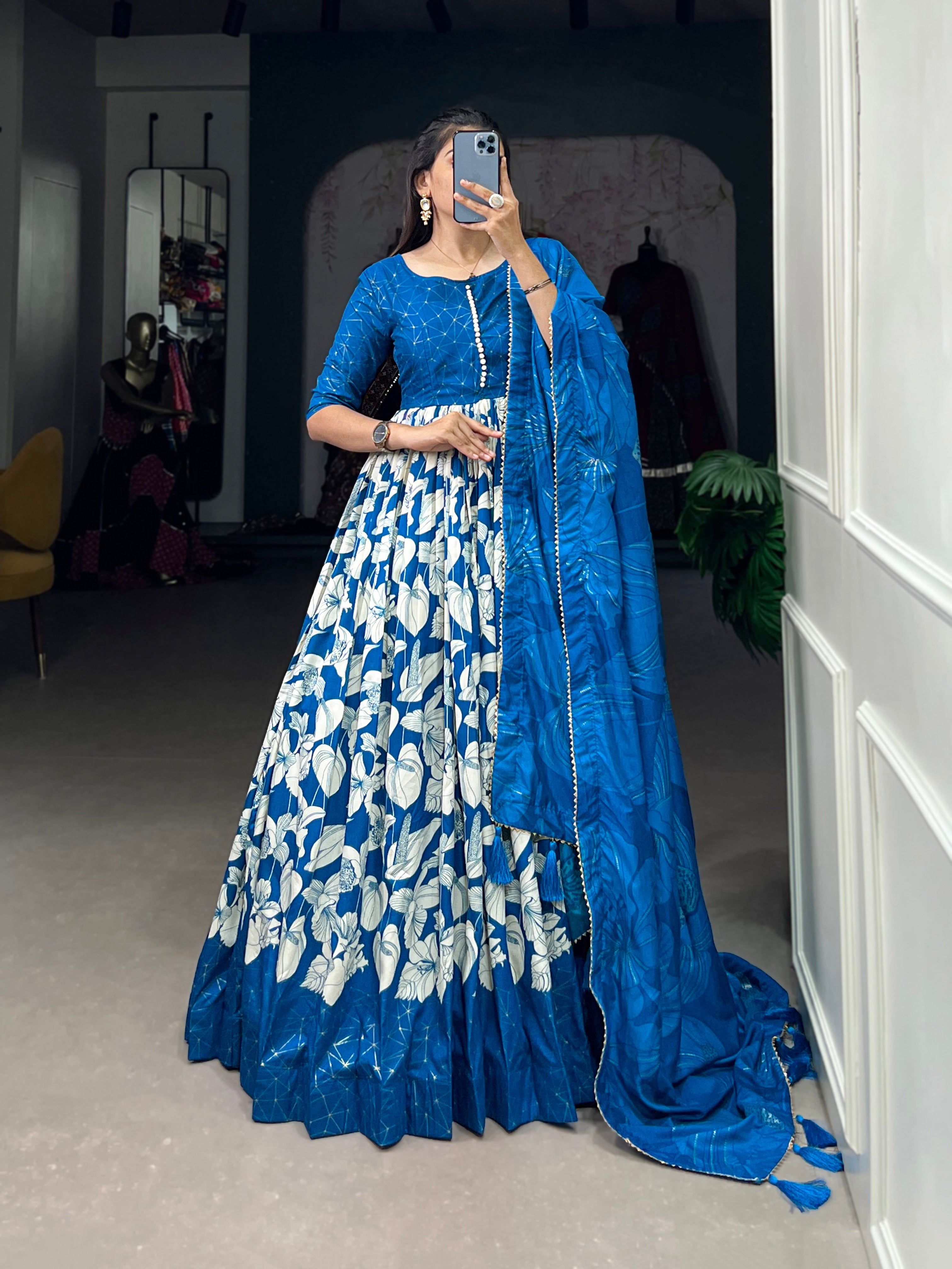 Lorenvalley Blue Tussar Silk Floral Print With Foil Print Gown with Dupatta