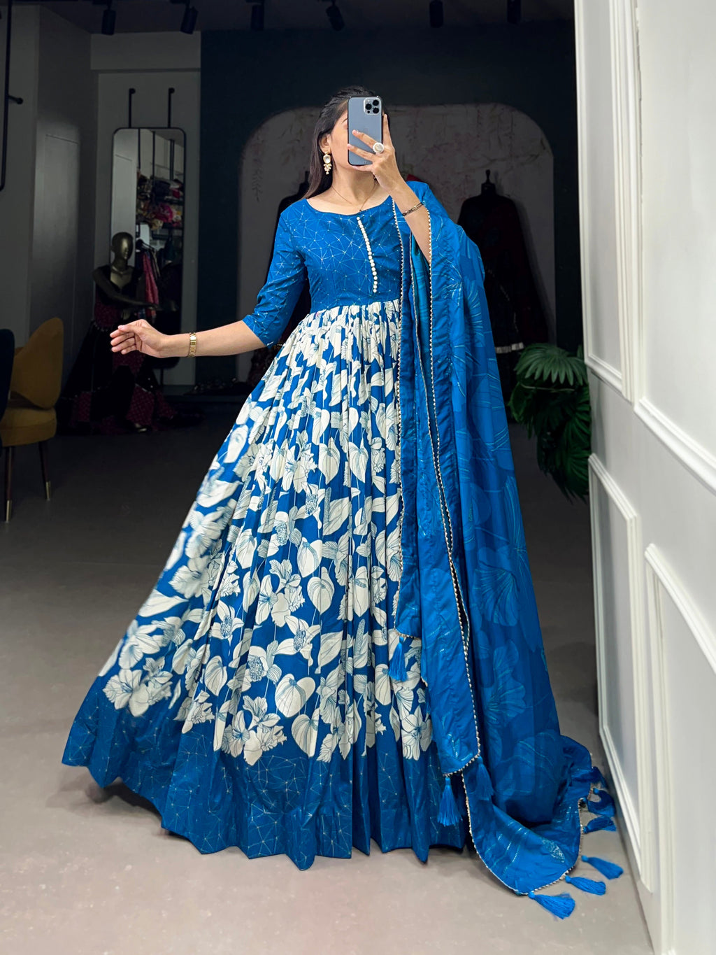 Lorenvalley Blue Tussar Silk Floral Print With Foil Print Gown with Dupatta