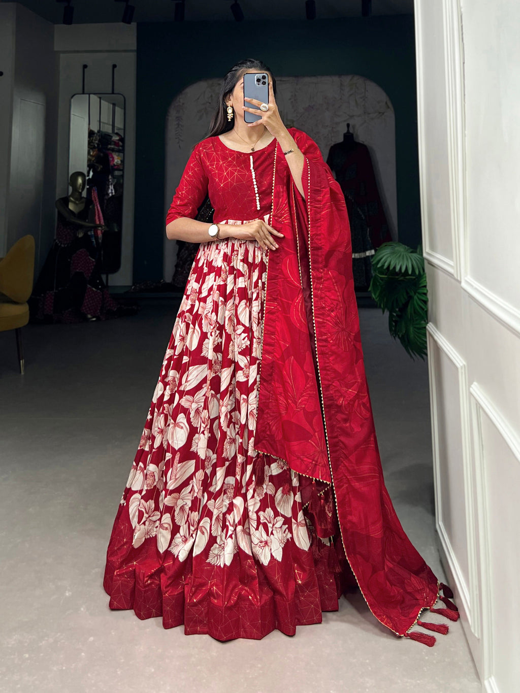 Lorenvalley Red Tussar Silk Floral Print With Foil Print Gown with Dupatta