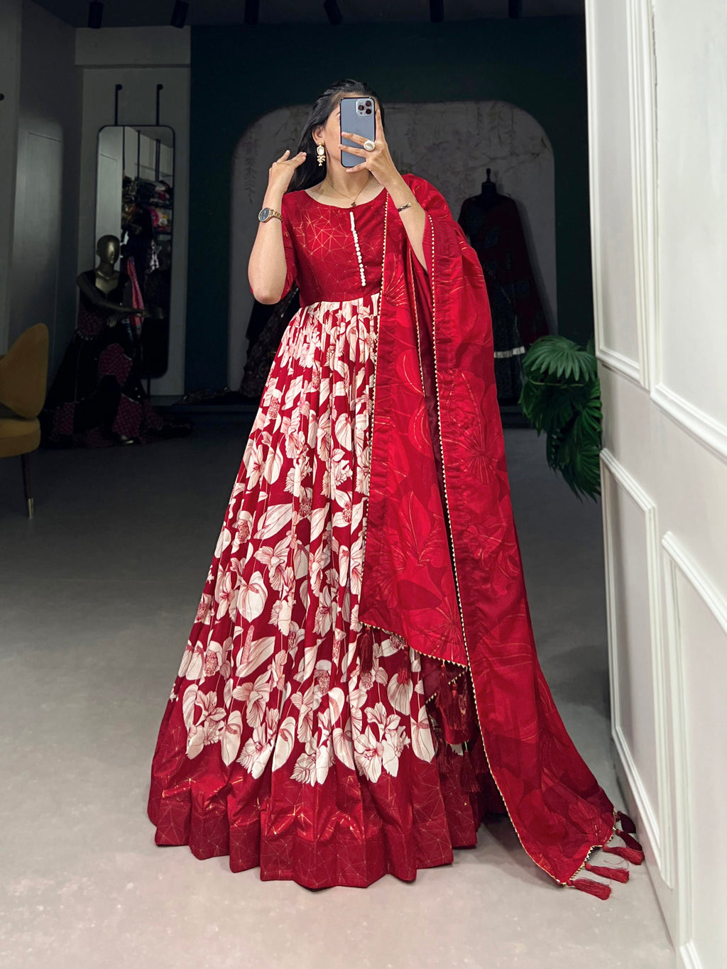 Lorenvalley Red Tussar Silk Floral Print With Foil Print Gown with Dupatta