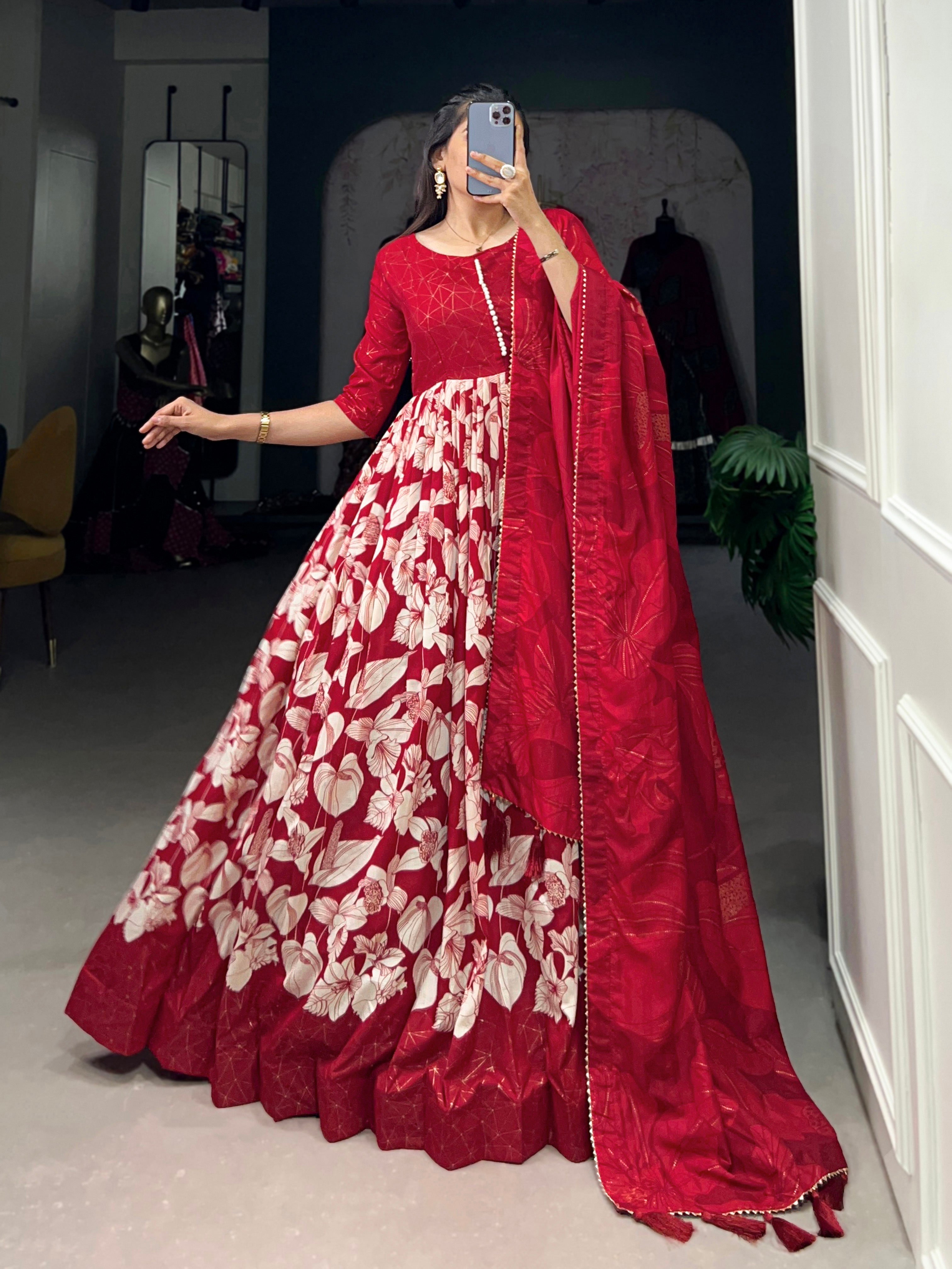 Lorenvalley Red Tussar Silk Floral Print With Foil Print Gown with Dupatta