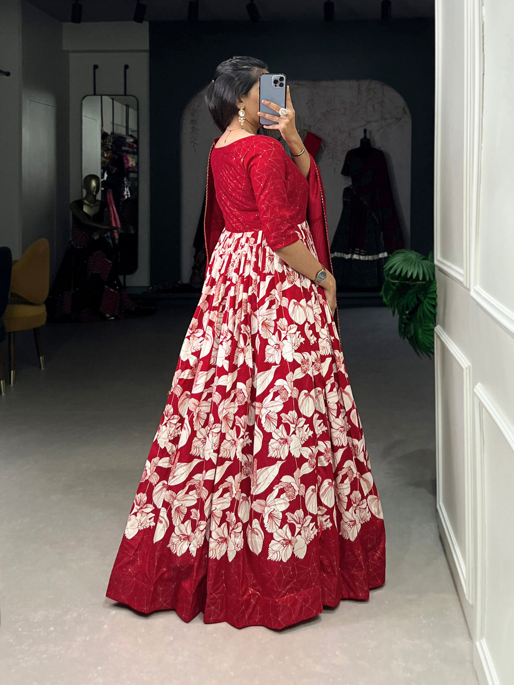 Lorenvalley Red Tussar Silk Floral Print With Foil Print Gown with Dupatta