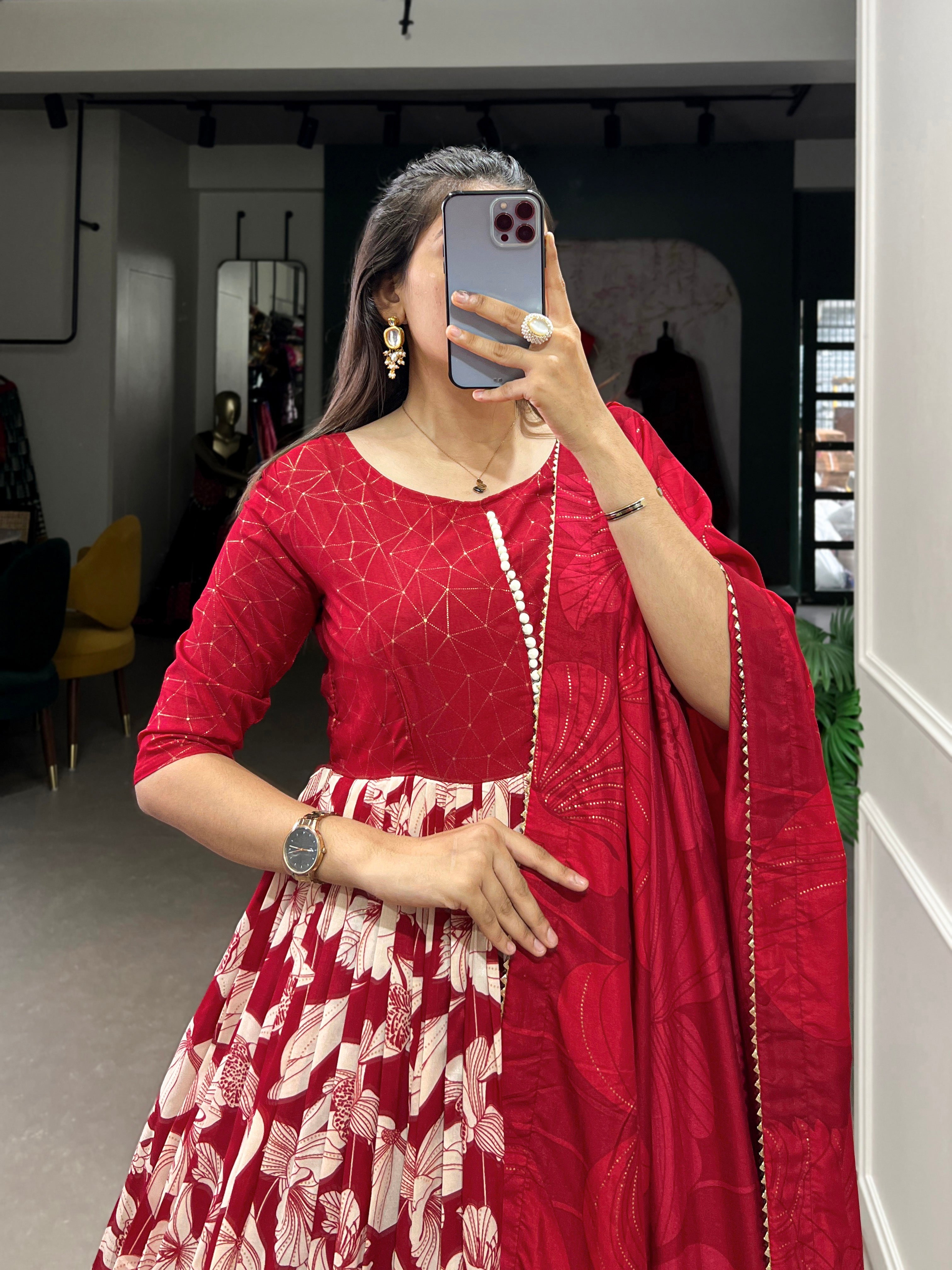Lorenvalley Red Tussar Silk Floral Print With Foil Print Gown with Dupatta