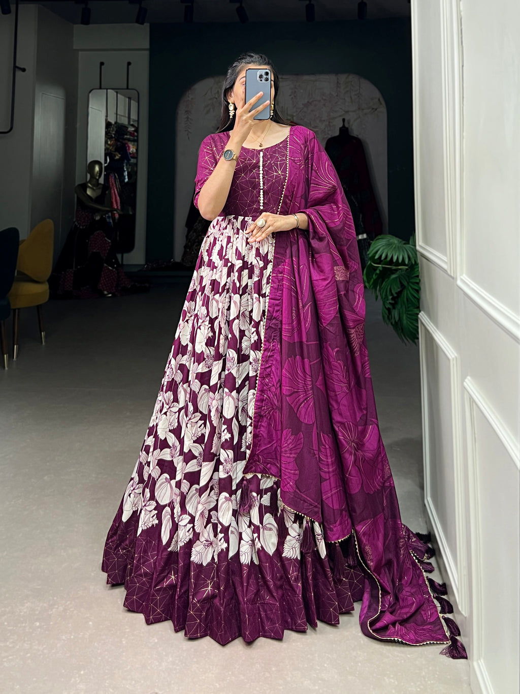 Lorenvalley Wine Tussar Silk Floral Print With Foil Print Gown with Dupatta