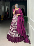 Lorenvalley Wine Tussar Silk Floral Print With Foil Print Gown with Dupatta