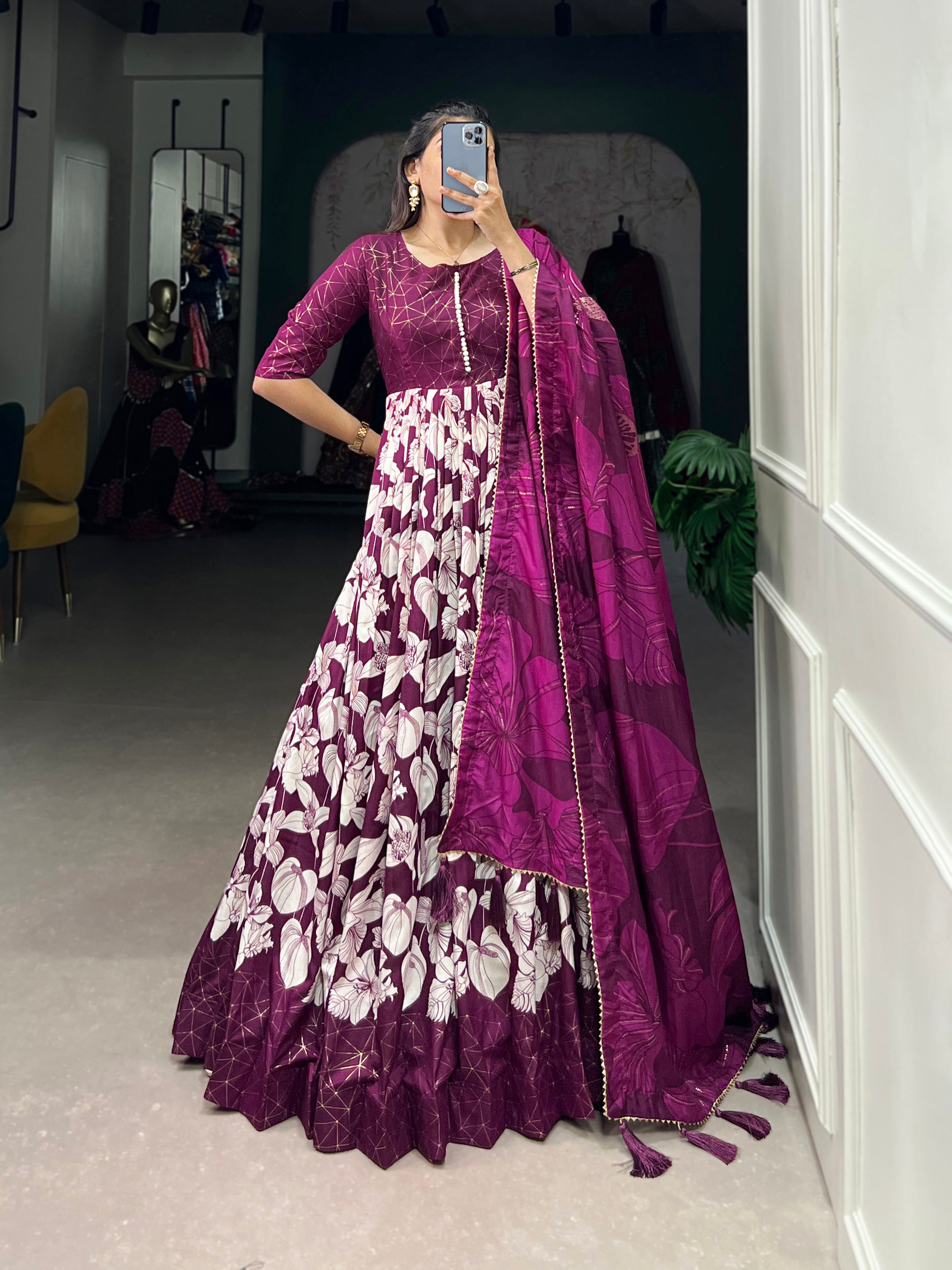 Lorenvalley Wine Tussar Silk Floral Print With Foil Print Gown with Dupatta