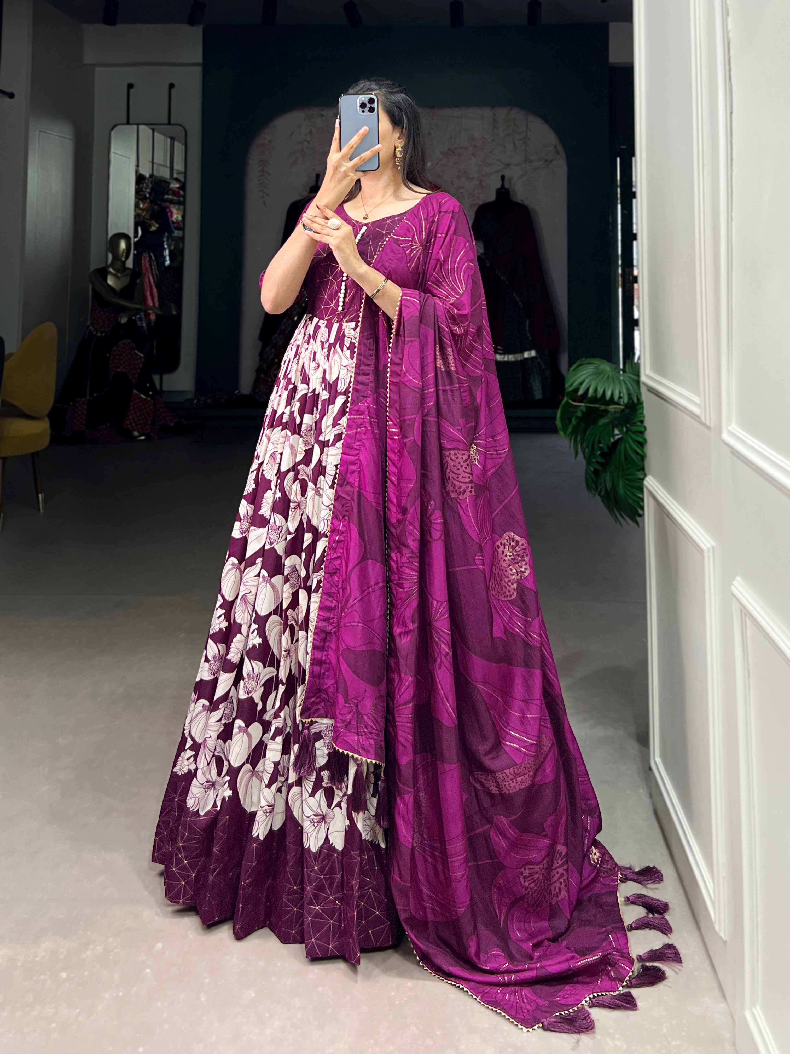Lorenvalley Wine Tussar Silk Floral Print With Foil Print Gown with Dupatta