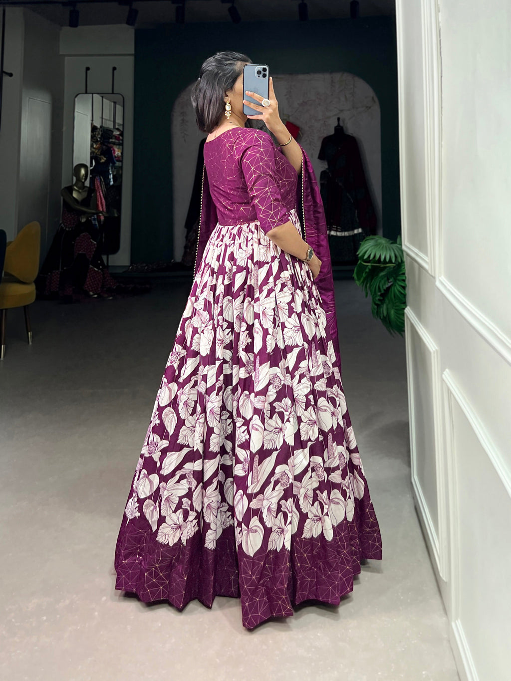 Lorenvalley Wine Tussar Silk Floral Print With Foil Print Gown with Dupatta