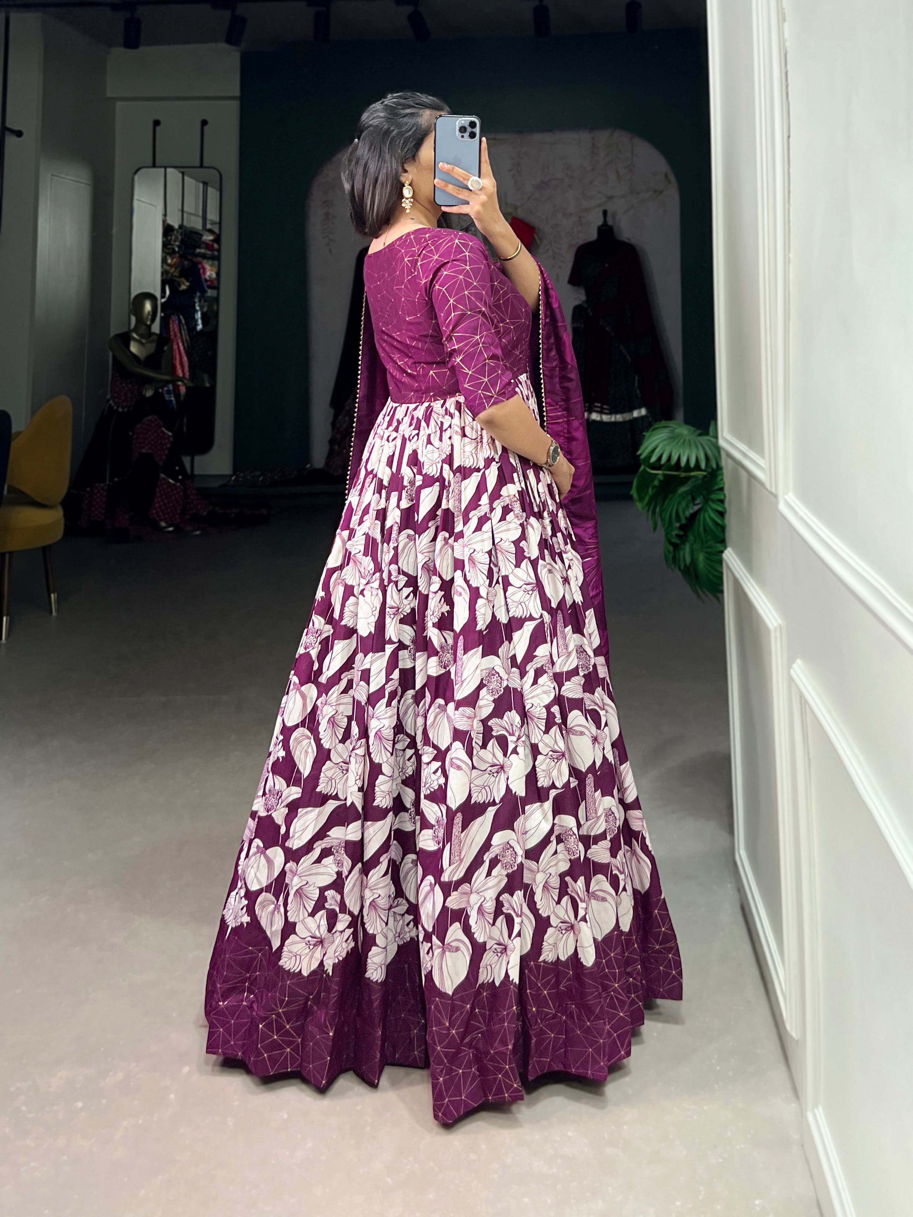 Lorenvalley Wine Tussar Silk Floral Print With Foil Print Gown with Dupatta