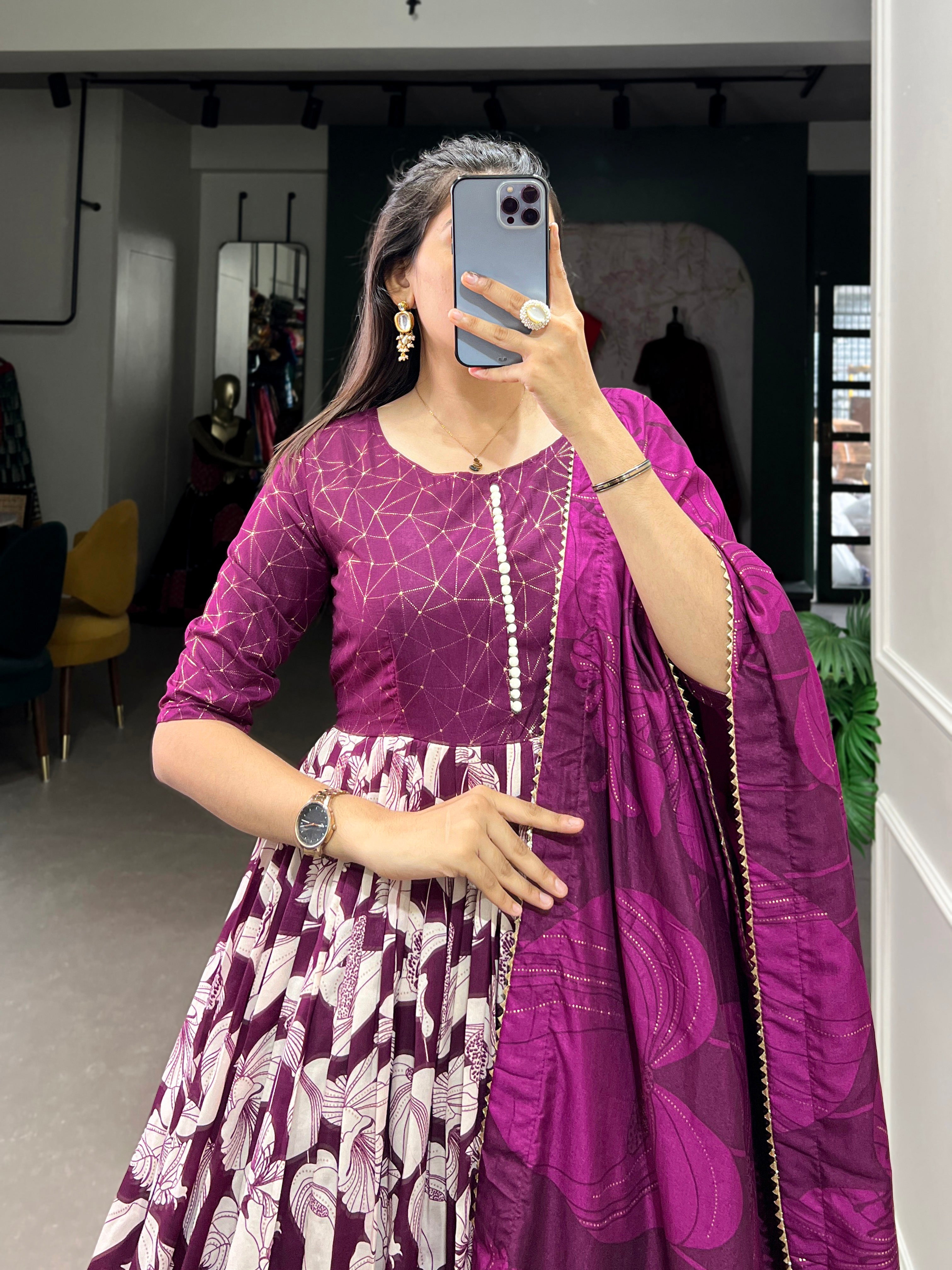 Lorenvalley Wine Tussar Silk Floral Print With Foil Print Gown with Dupatta