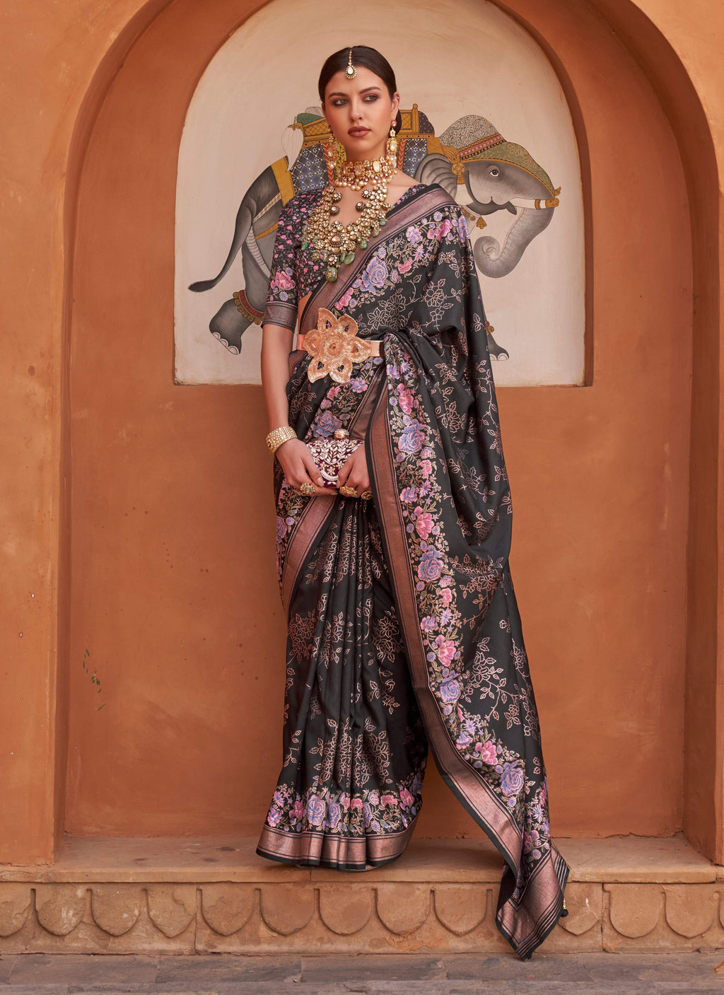 Monjolika Fashion Black Color Digitally Printed Weaving Silk Saree With Blouse