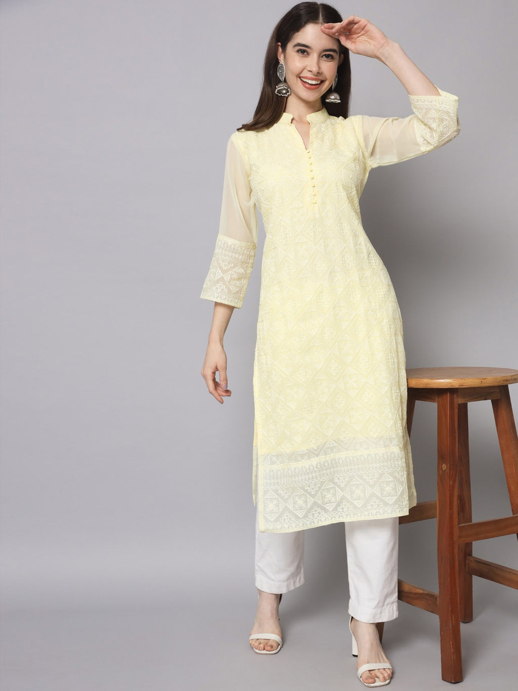 HERE&NOW Women Yellow Ethnic Motifs Embroidered Thread Work Georgette Kurta