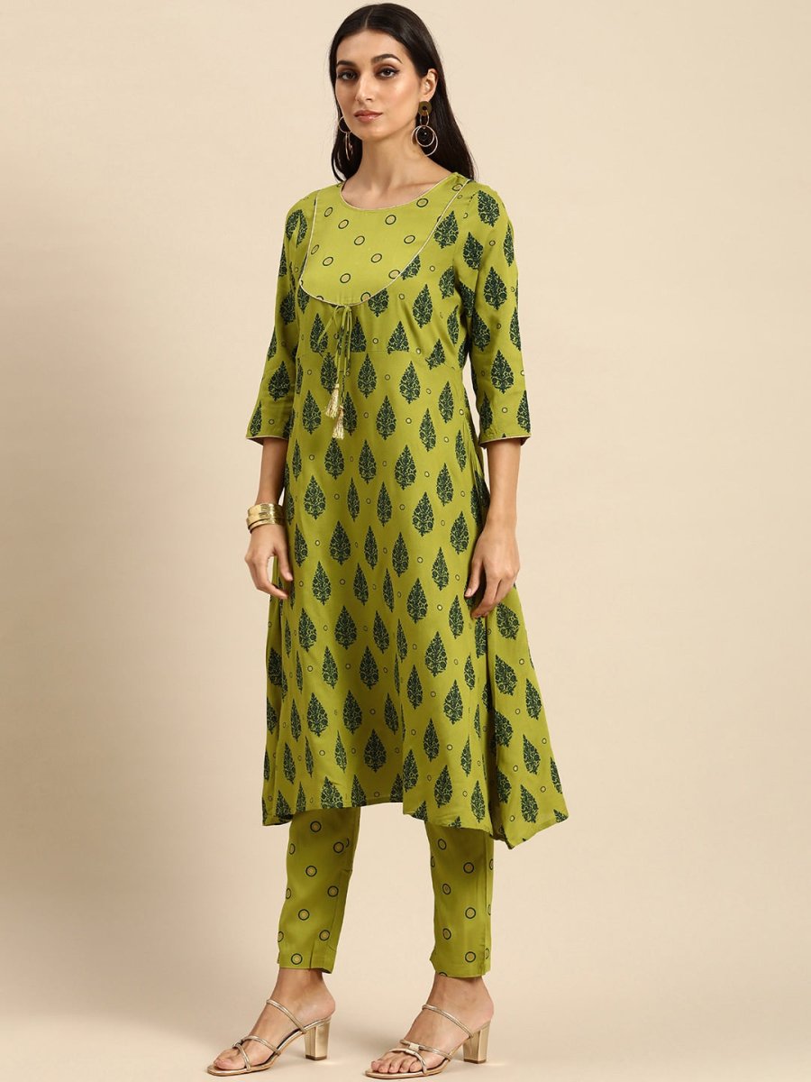 All About You Women Olive Green Ethnic Motifs Printed Empire Kurta with Trousers