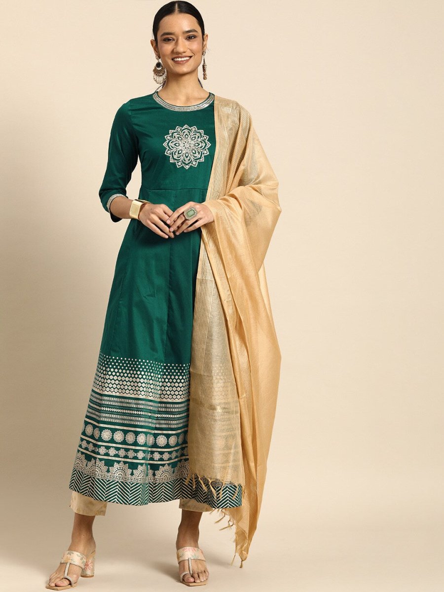 All About You Women Teal Green Embroidered Kurta with Dupatta