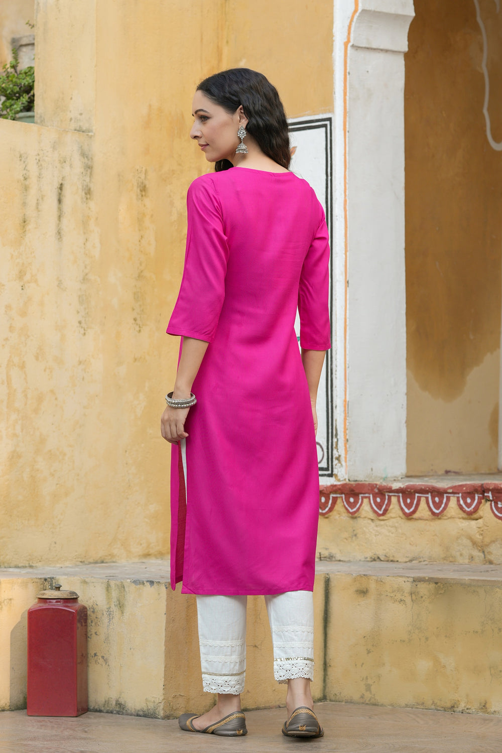 Juniper Fuchsia Rayon Festive Wear Embroidered Straight Kurta