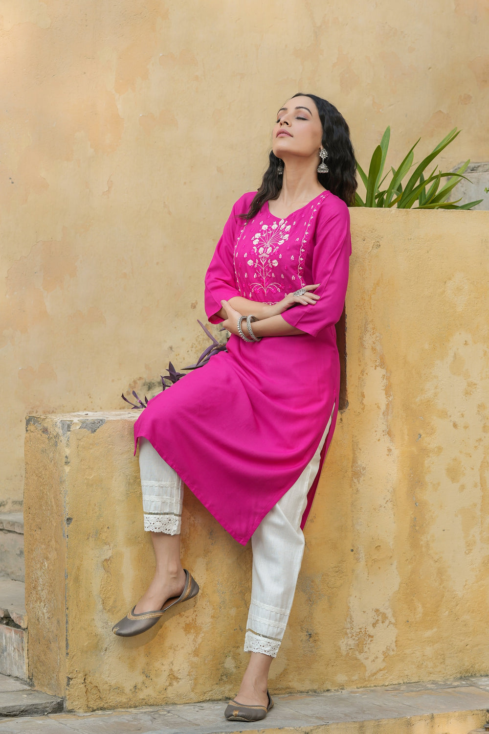 Juniper Fuchsia Rayon Festive Wear Embroidered Straight Kurta