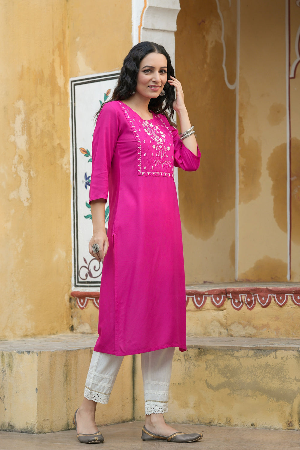 Juniper Fuchsia Rayon Festive Wear Embroidered Straight Kurta