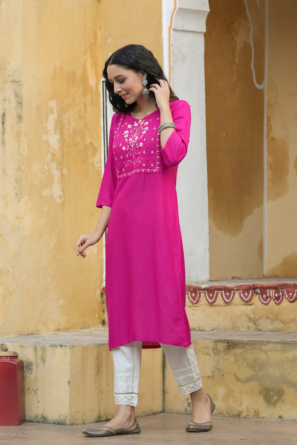 Juniper Fuchsia Rayon Festive Wear Embroidered Straight Kurta