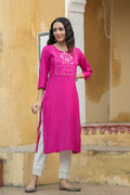 Juniper Fuchsia Rayon Festive Wear Embroidered Straight Kurta
