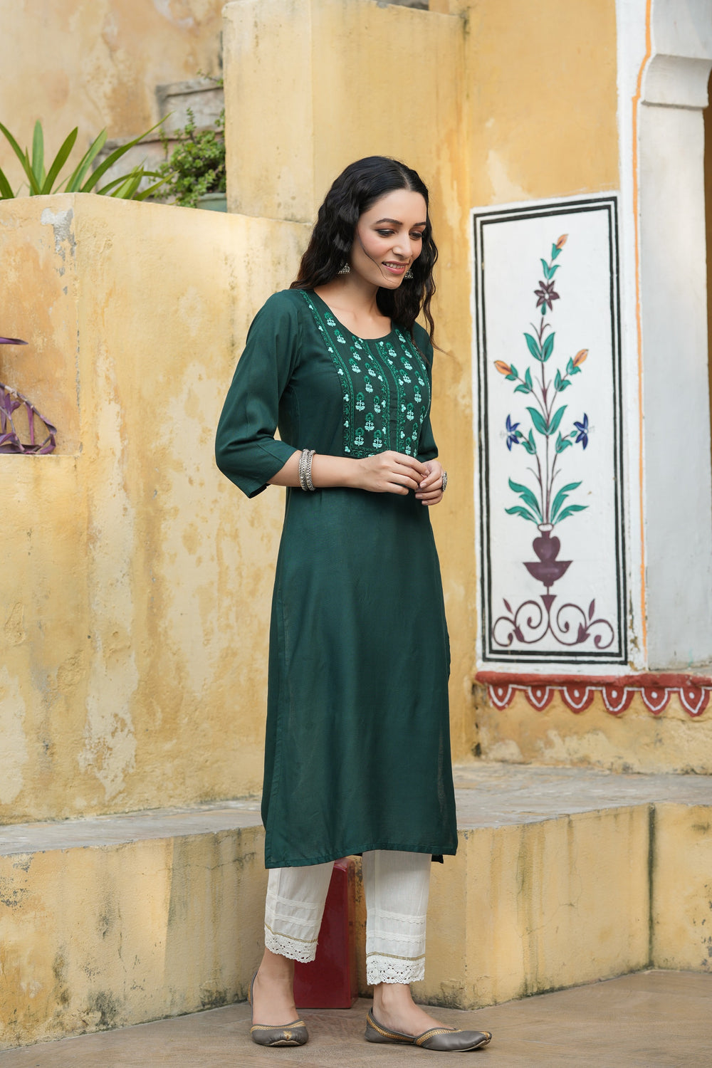 Juniper Green Rayon Festive Wear Embroidered Straight Kurta