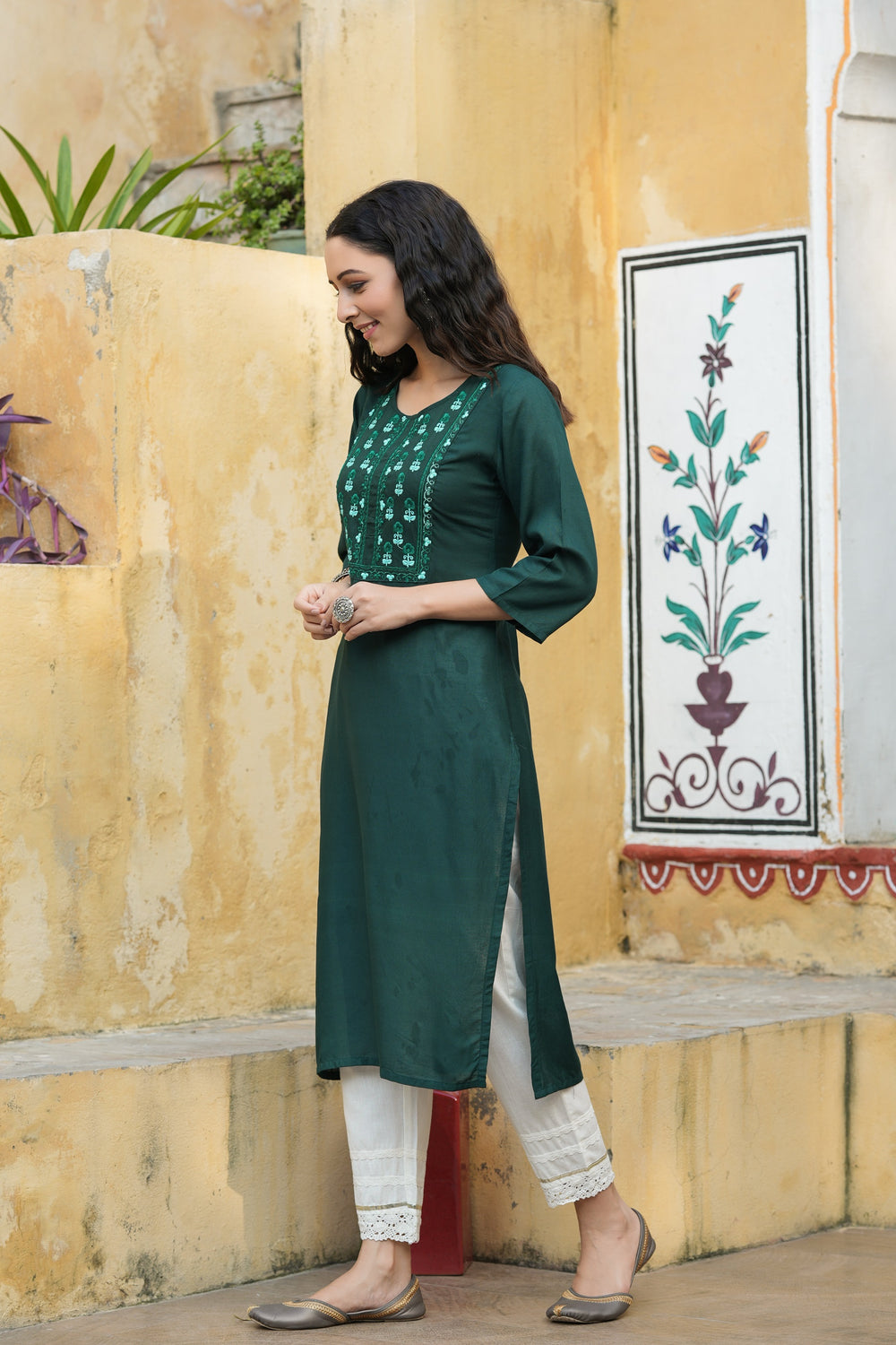 Juniper Green Rayon Festive Wear Embroidered Straight Kurta