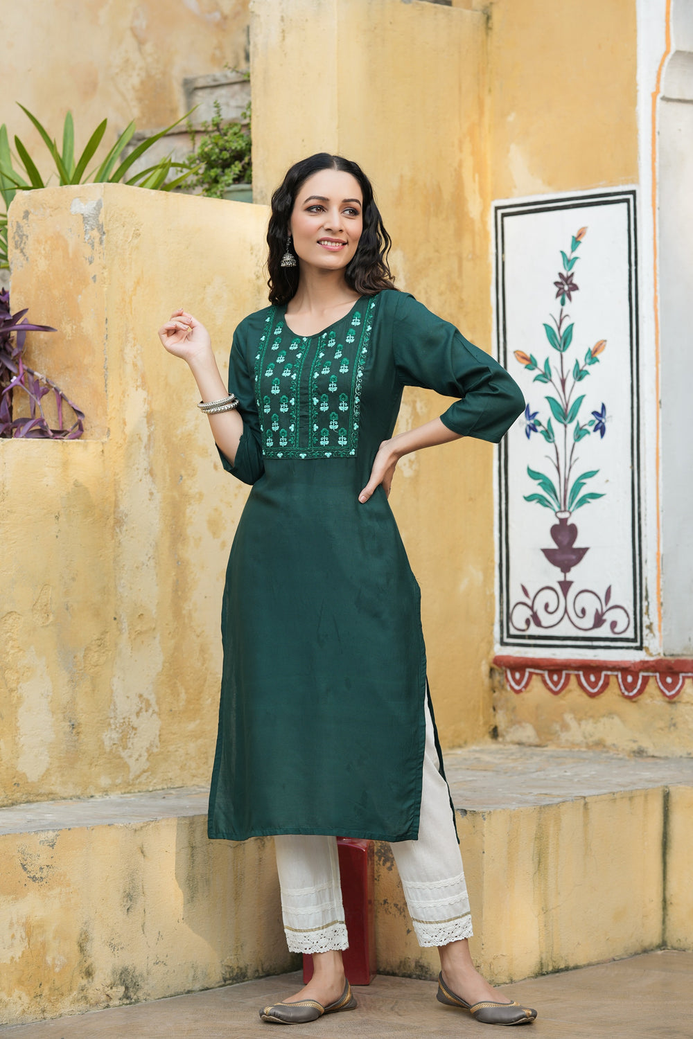 Juniper Green Rayon Festive Wear Embroidered Straight Kurta