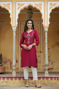 Juniper Maroon Rayon Festive Wear Embroidered Straight Kurta