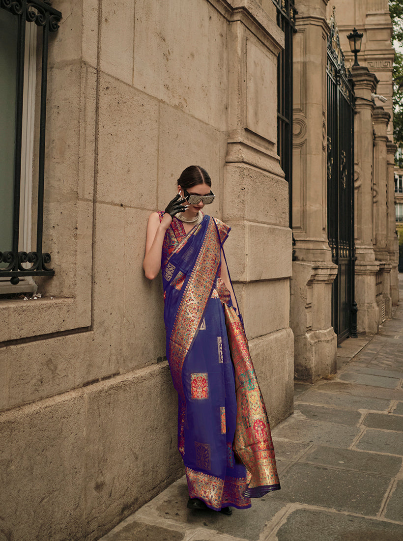Monjolika Fashion Slate Blue Color Woven Festival Wear Saree