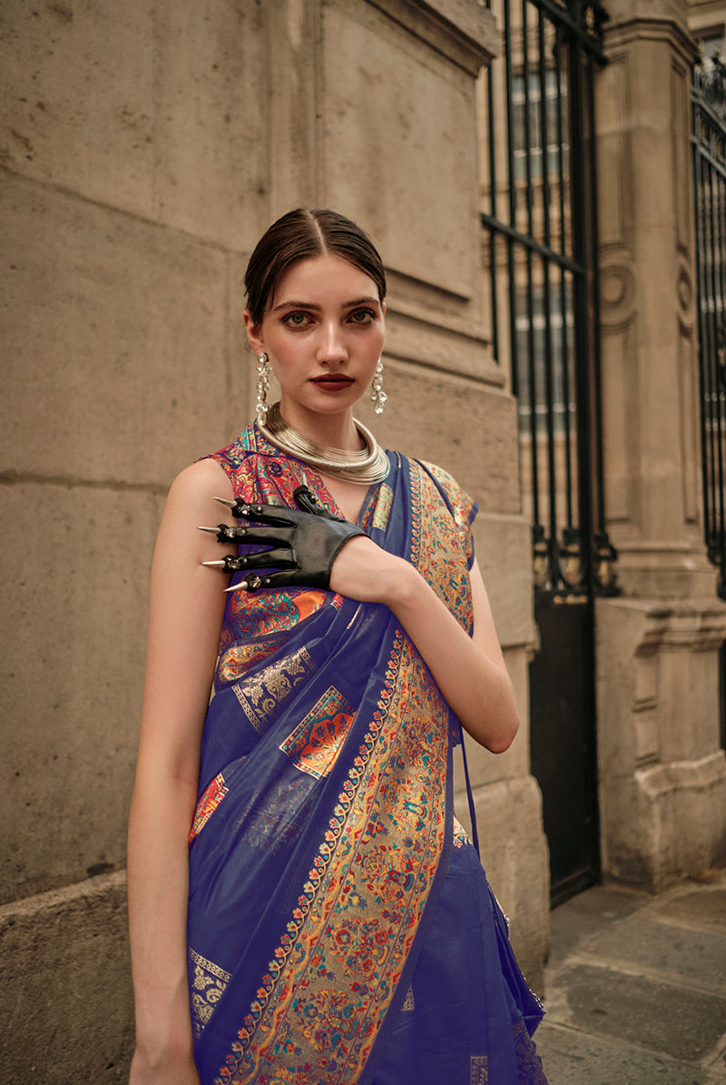 Monjolika Fashion Slate Blue Color Woven Festival Wear Saree