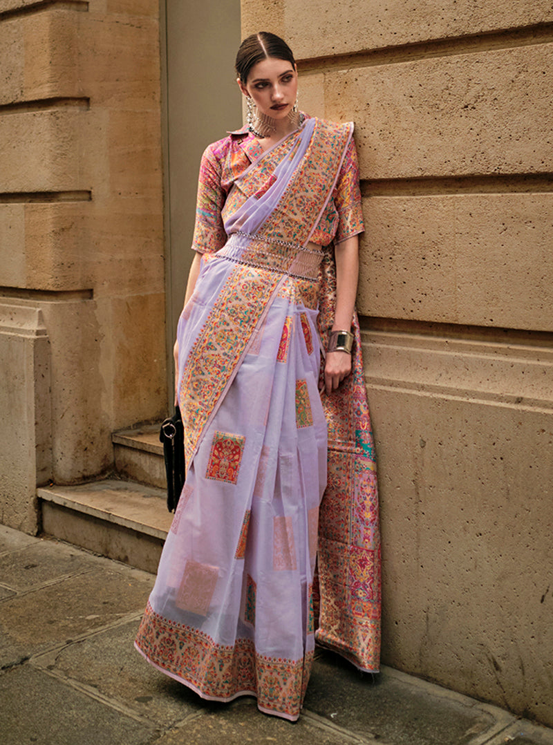 Monjolika Fashion Light Lavender Color Woven Festival Wear Saree