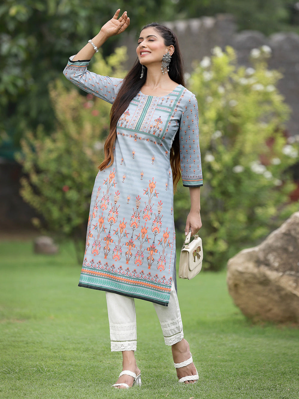 Juniper Women Grey Crepe Casual Wear Digital Printed Straight Kurta