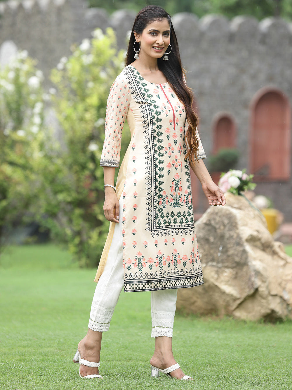 Juniper Women Off-White Crepe Casual Wear Digital Printed Straight Kurta