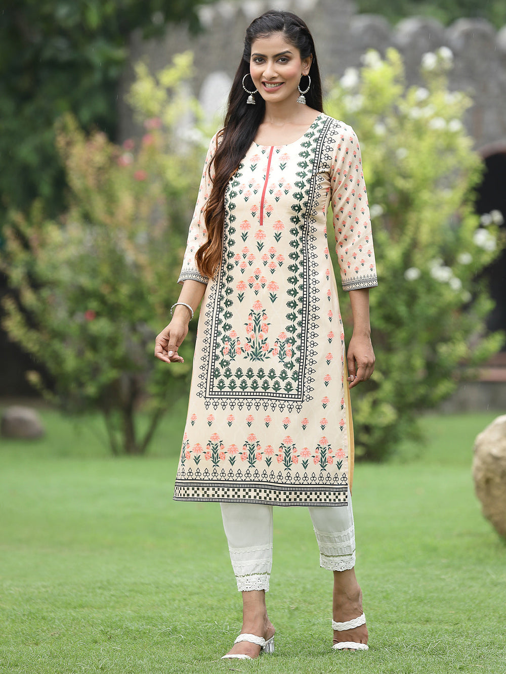 Juniper Women Off-White Crepe Casual Wear Digital Printed Straight Kurta