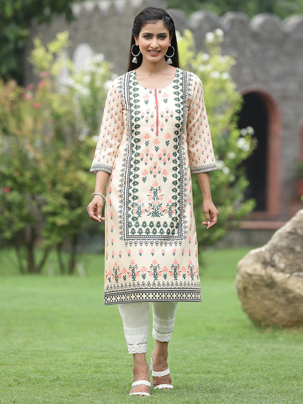 Juniper Women Off-White Crepe Casual Wear Digital Printed Straight Kurta