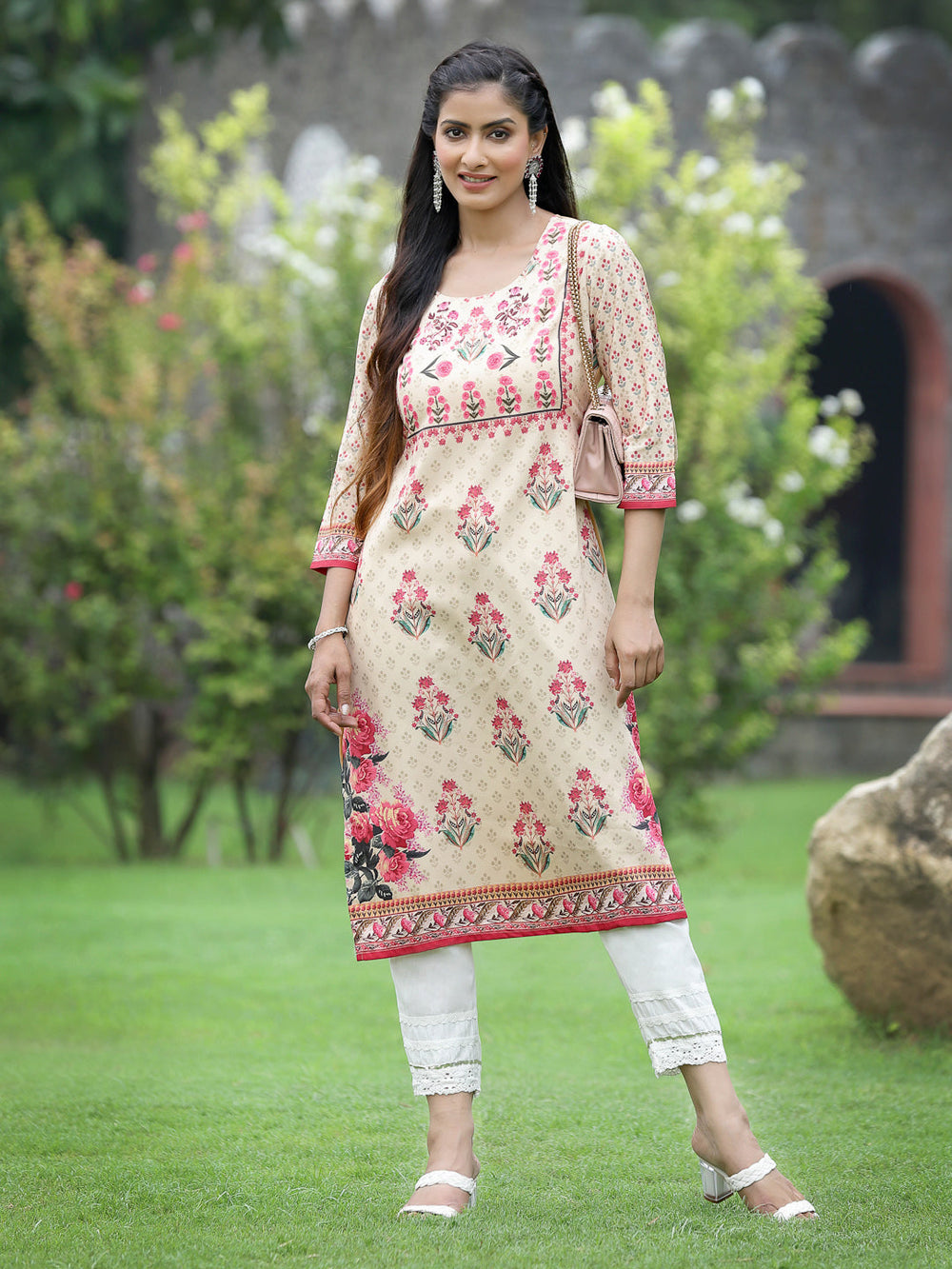 Juniper Women Beige Crepe Casual Wear Digital Printed Straight Kurta