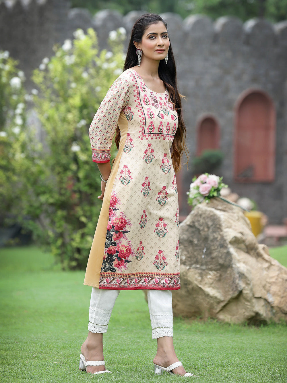 Juniper Women Beige Crepe Casual Wear Digital Printed Straight Kurta