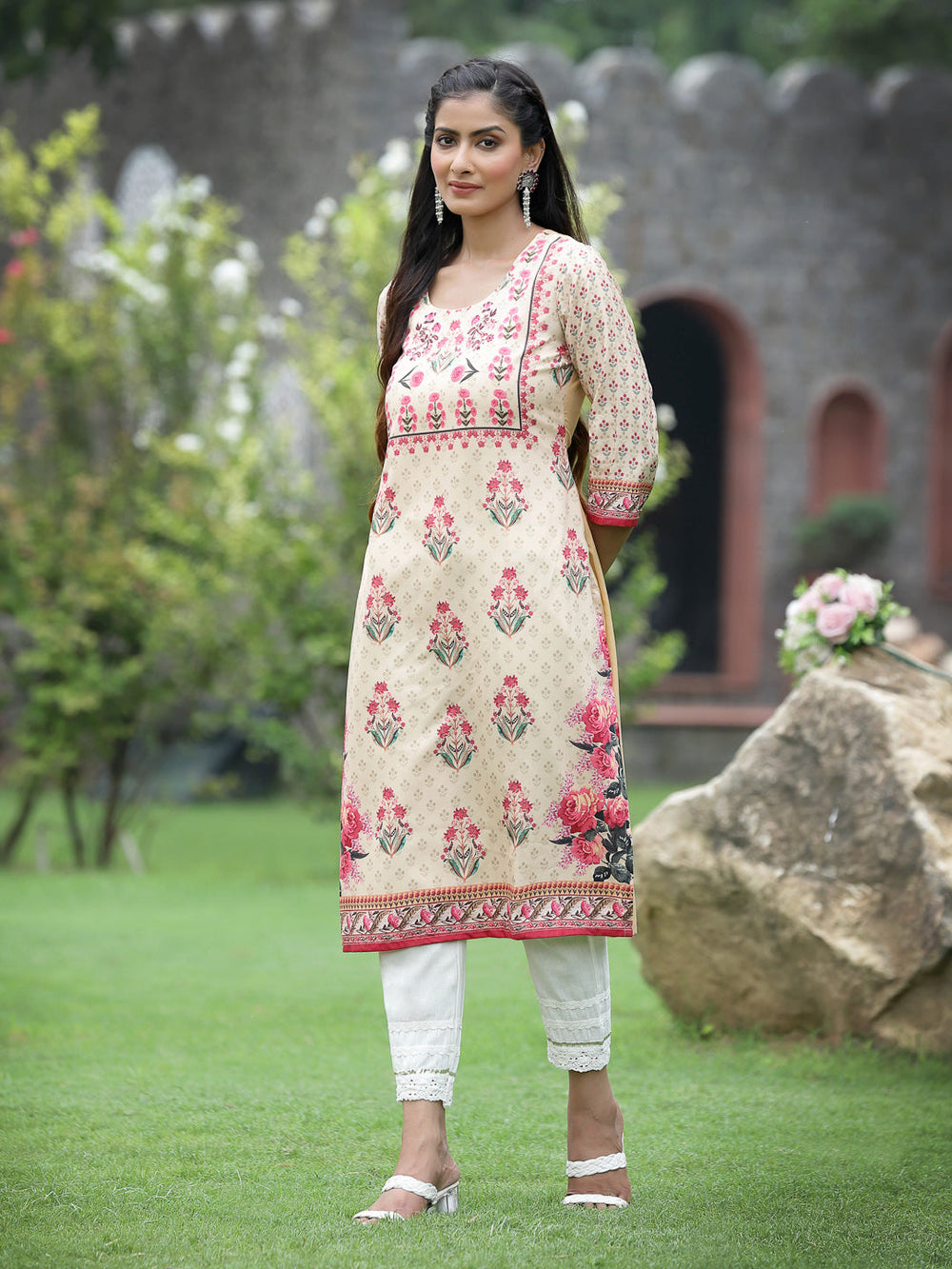 Juniper Women Beige Crepe Casual Wear Digital Printed Straight Kurta