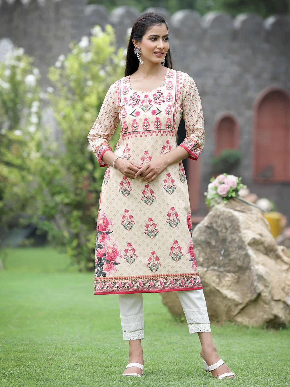 Juniper Women Beige Crepe Casual Wear Digital Printed Straight Kurta