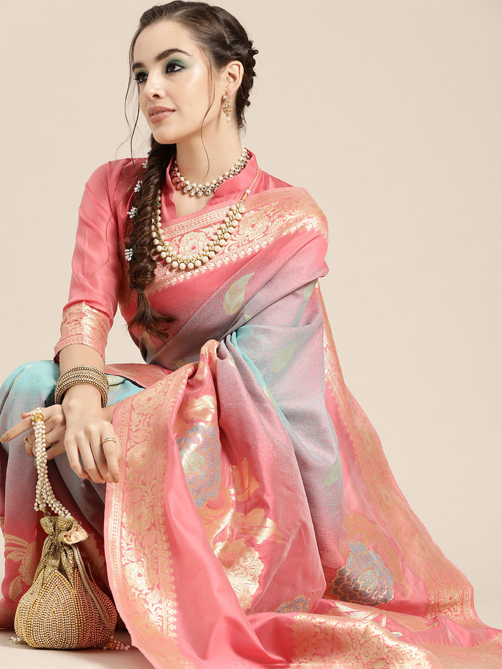 Saree Mall Pink & Blue Floral Dyed Banarasi Saree