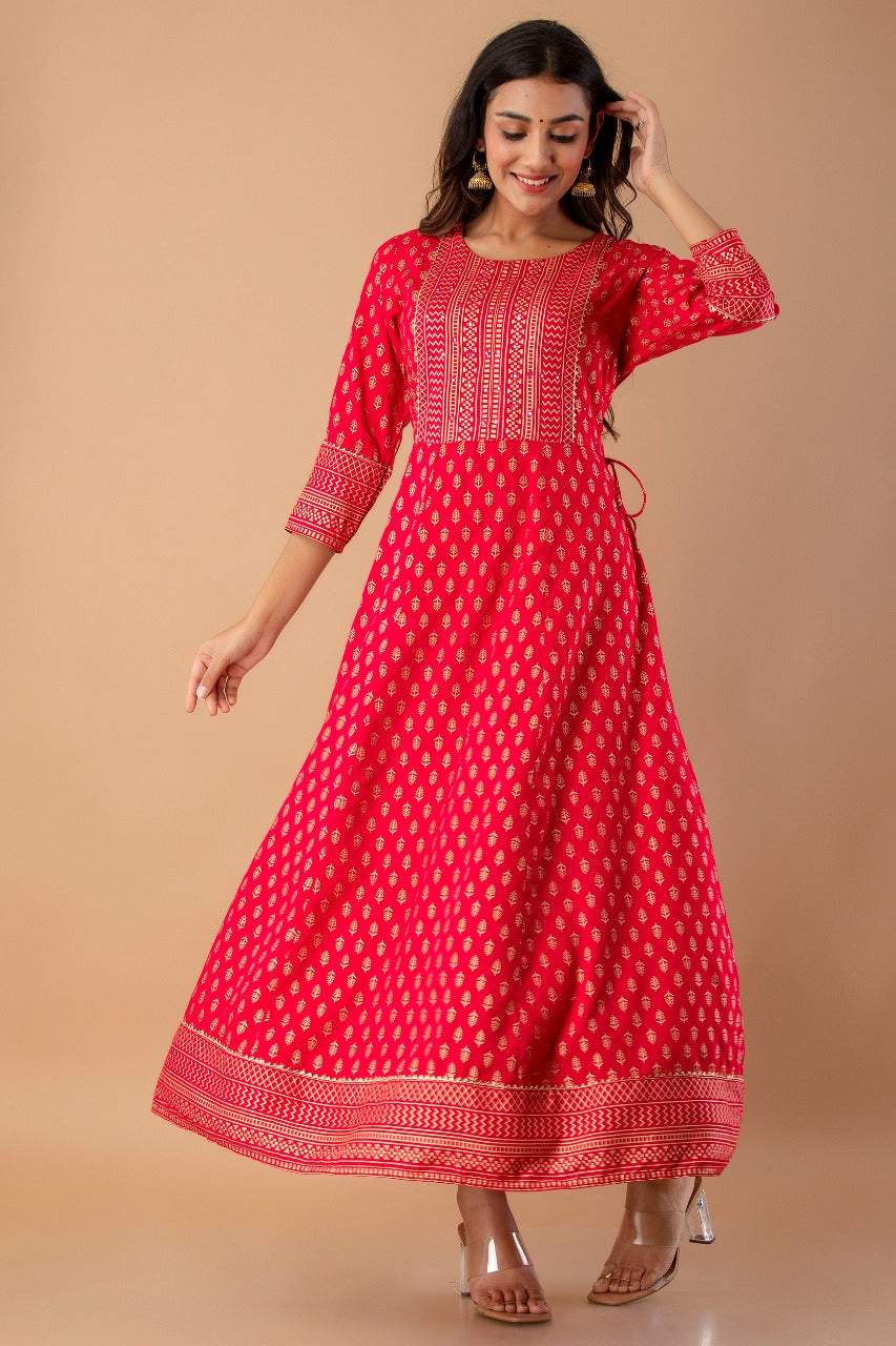 Juniper Fuchsia Rayon Festive Wear Foil Printed A-Line Long Dress