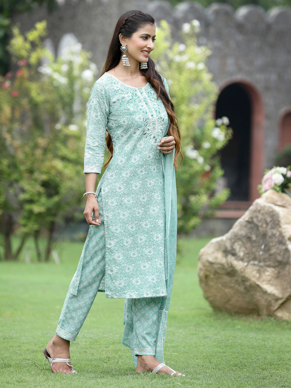 Juniper Women's Blue Cotton Cambric Festive Printed Kurta Set