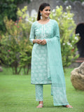 Juniper Women's Blue Cotton Cambric Festive Printed Kurta Set