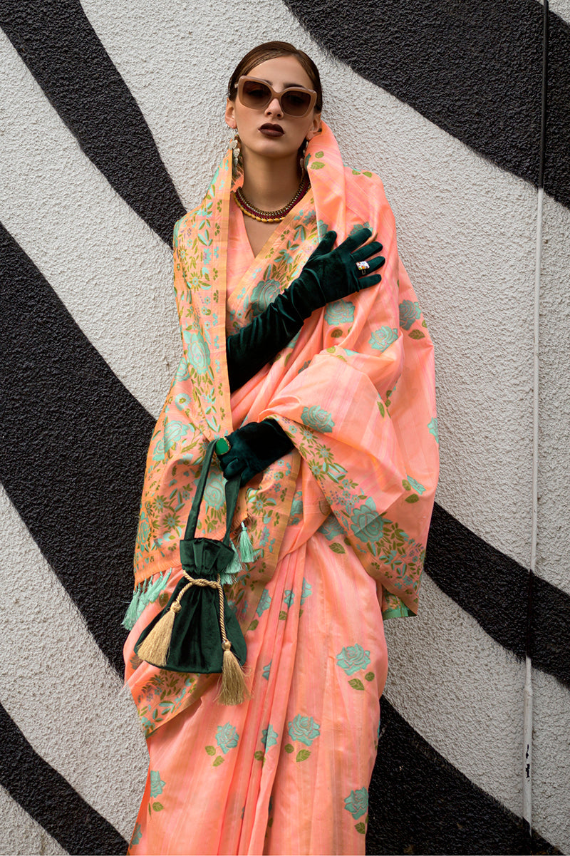 Monjolika Fashion Handloom Weaving Ethnic Saree In Peach