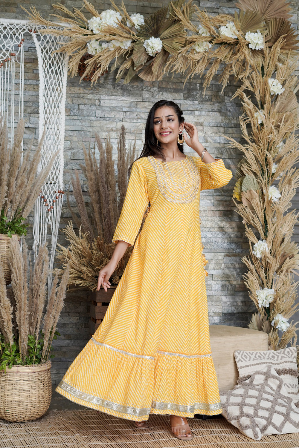 Juniper Women's Yellow Printed Flared Cotton Cambric Dress
